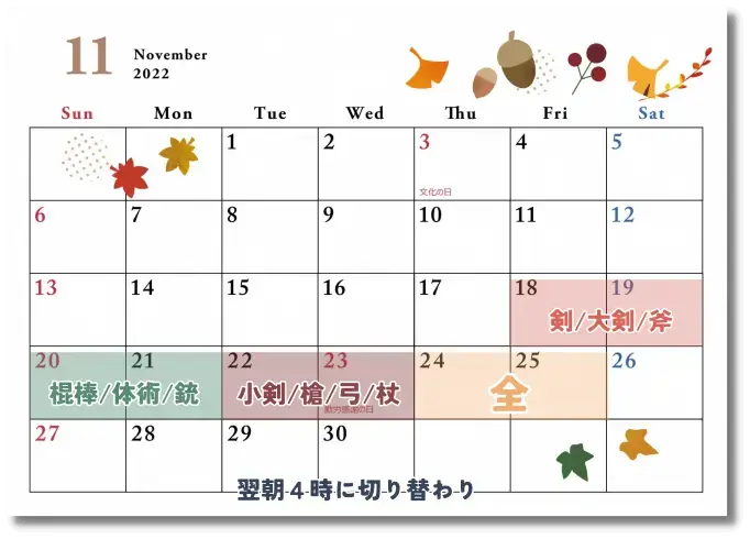 武器種別育成応援キャンペーン　カレンダー